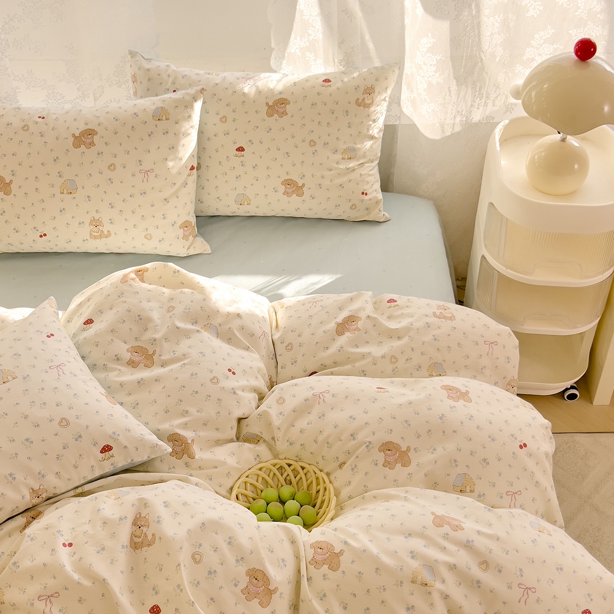 91家纺网 家纺一手货源 找家纺 DoDo 兜兜 2026新款卡通全棉纯棉小清新三四件套系列 （可定做尺寸） 蘑菇小狗