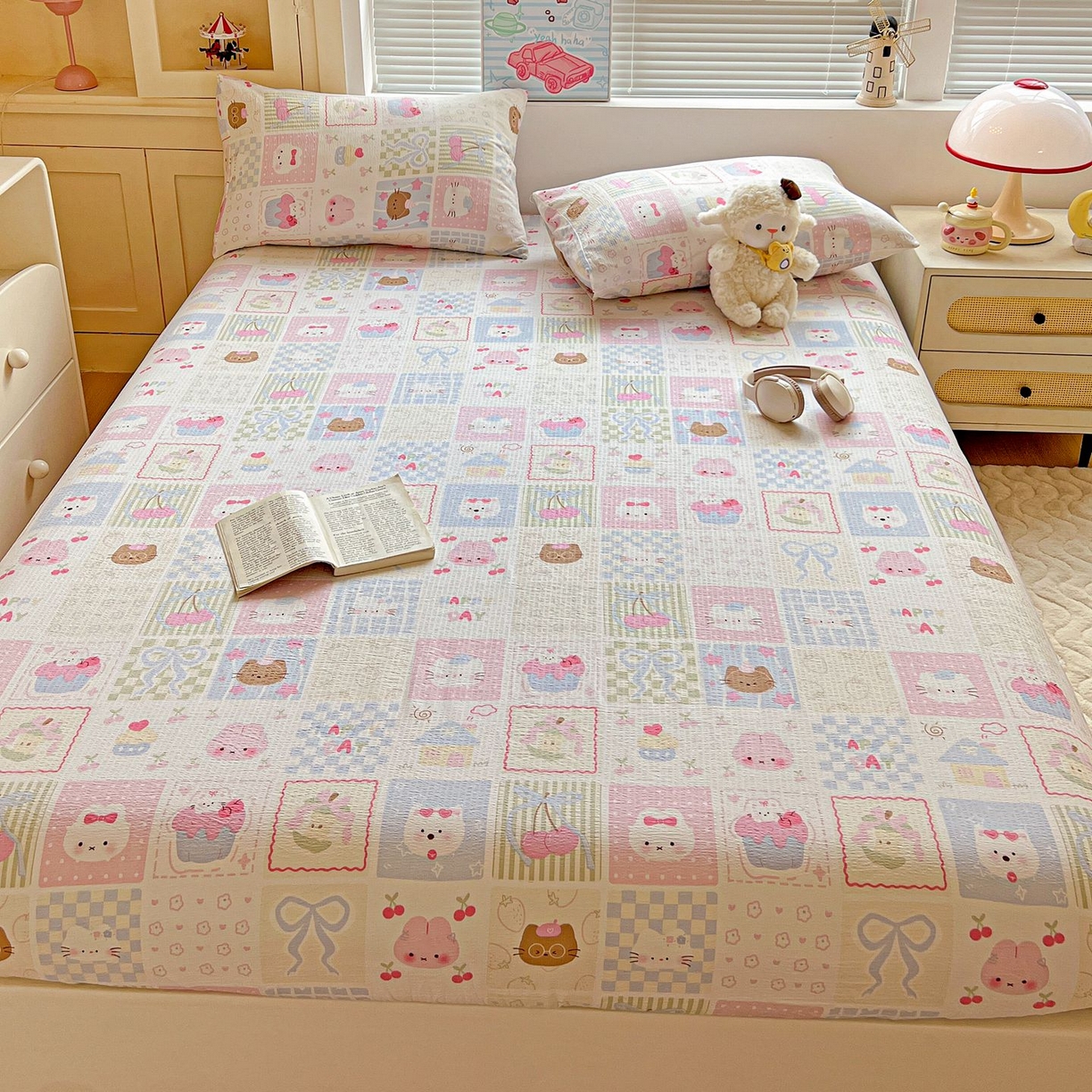 91家纺网 家纺一手货源 找家纺 Mata蔓塔家 2025新款双层纱印花系列单床笠床笠单件 奶油块块