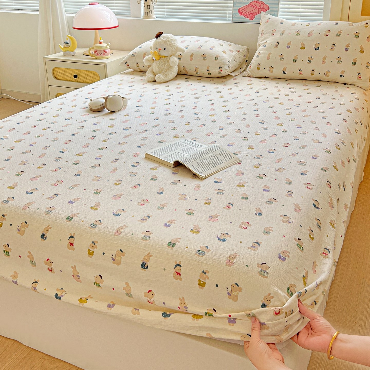 91家纺网 家纺一手货源 找家纺 Mata蔓塔家 2025新款双层纱印花系列单床笠床笠单件 兔子集合