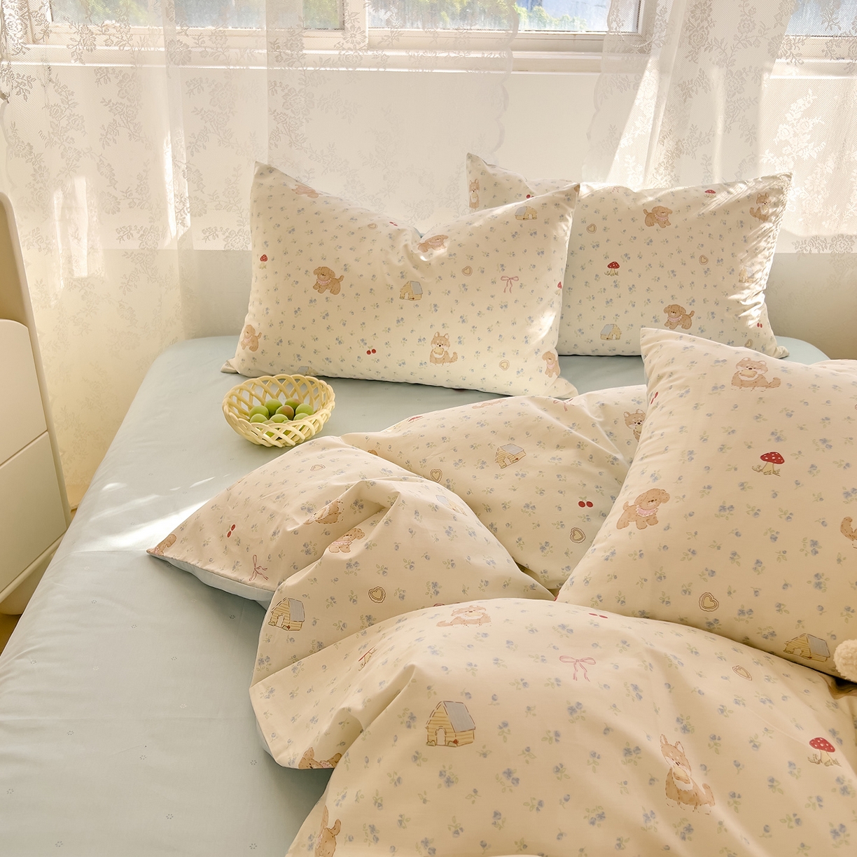 91家纺网 家纺一手货源 找家纺 DoDo 兜兜 2026新款卡通全棉纯棉小清新三四件套系列 （可定做尺寸） 蘑菇小狗