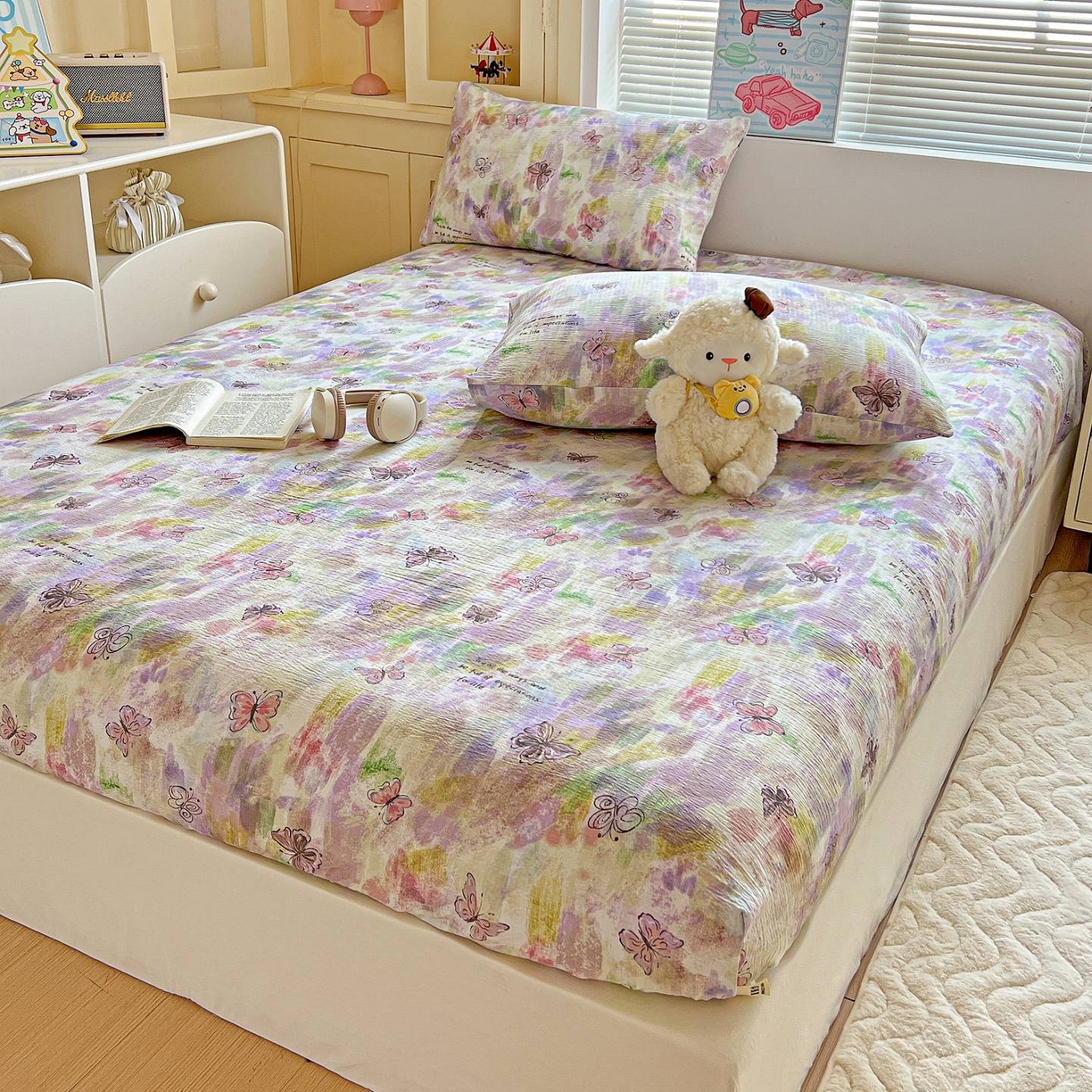 91家纺网 家纺一手货源 找家纺 Mata蔓塔家 2025新款双层纱印花系列单床笠床笠单件 油彩蝴蝶