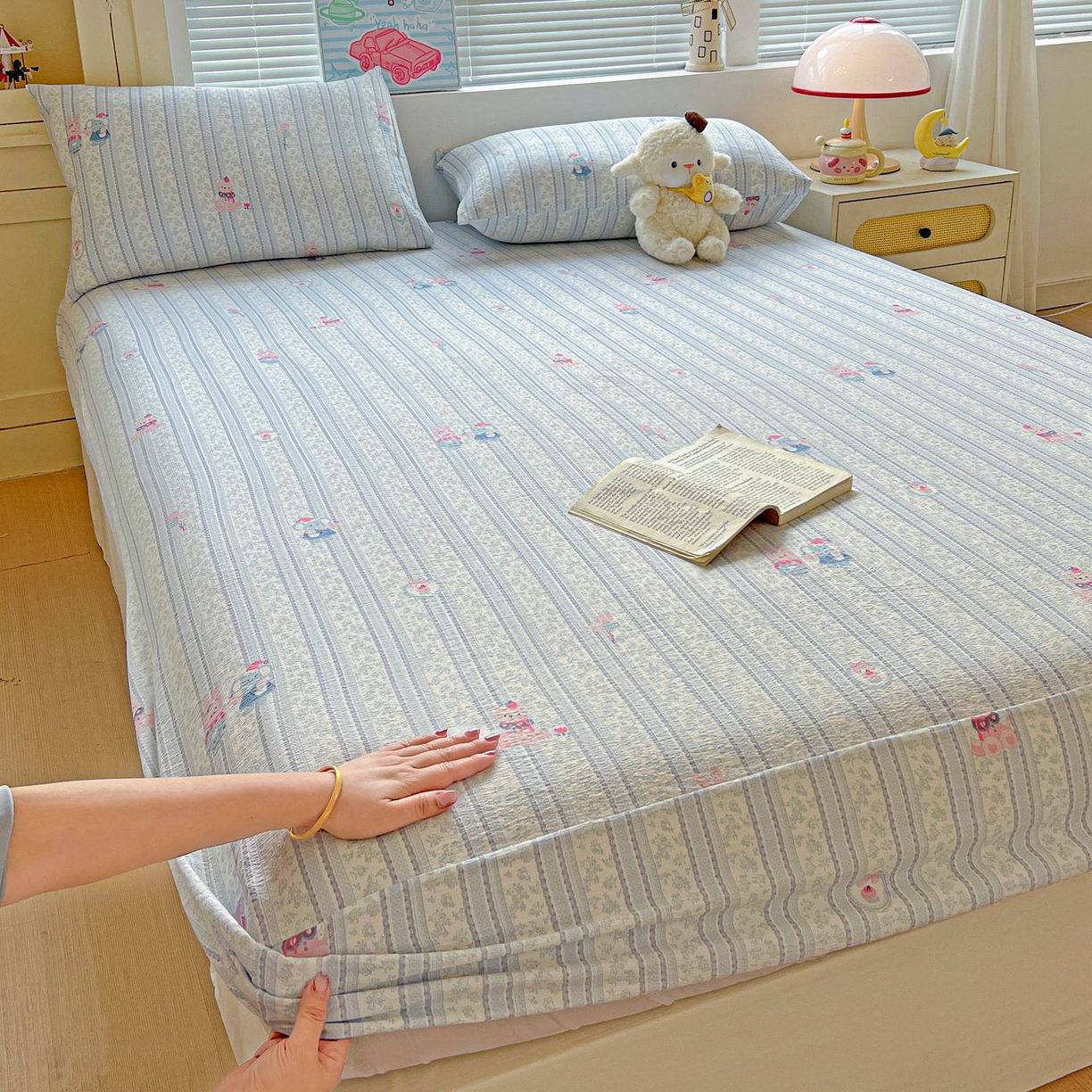 91家纺网 家纺一手货源 找家纺 Mata蔓塔家 2025新款双层纱印花系列单床笠床笠单件 小象宝宝