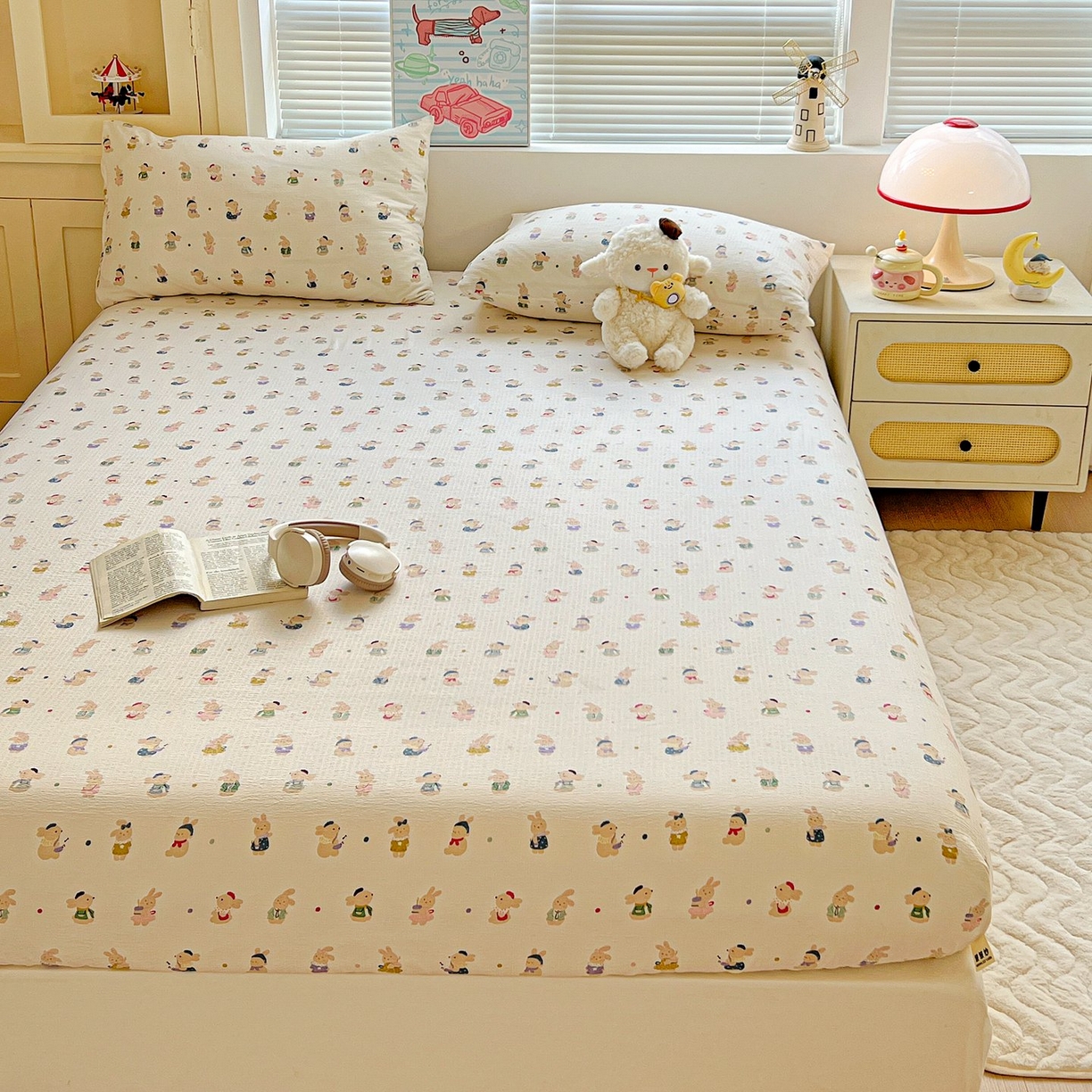 91家纺网 家纺一手货源 找家纺 Mata蔓塔家 2025新款双层纱印花系列单床笠床笠单件 兔子集合