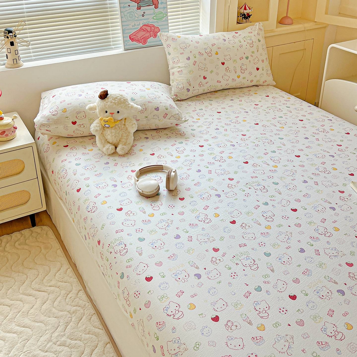 91家纺网 家纺一手货源 找家纺 Mata蔓塔家 2025新款双层纱印花系列单床笠床笠单件 甜品猫星球