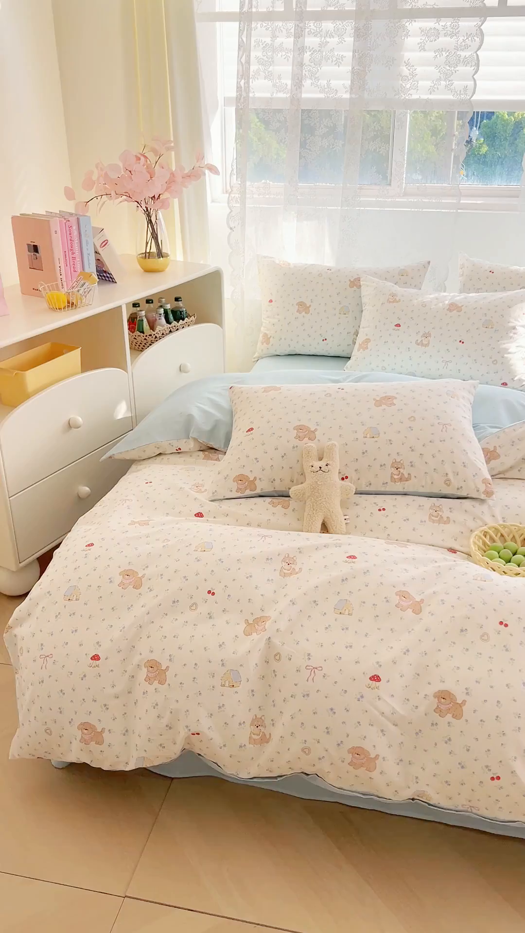 91家纺网 家纺一手货源 找家纺 DoDo 兜兜 2026新款卡通全棉纯棉小清新三四件套系列 （可定做尺寸） 蘑菇小狗