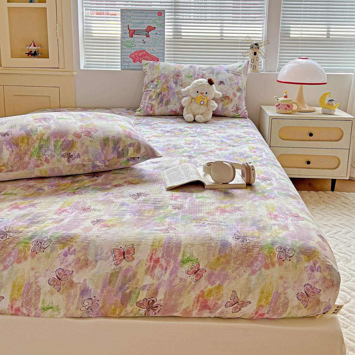 91家纺网 家纺一手货源 找家纺 Mata蔓塔家 2025新款双层纱印花系列单床笠床笠单件 油彩蝴蝶