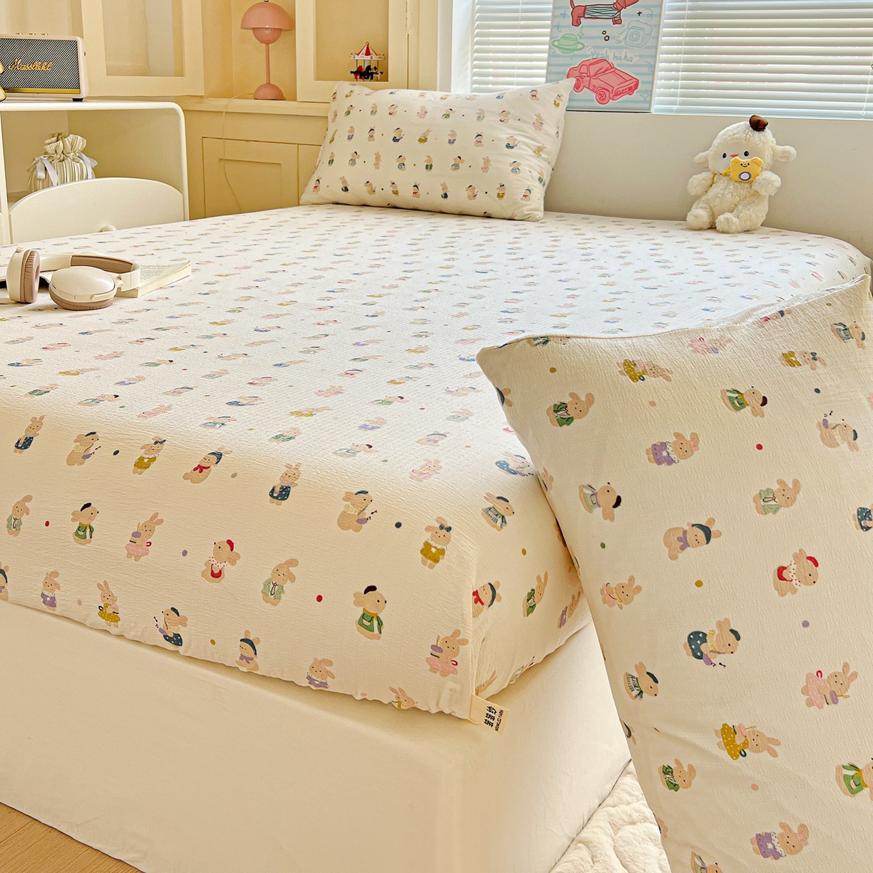 91家纺网 家纺一手货源 找家纺 Mata蔓塔家 2025新款双层纱印花系列单床笠床笠单件 兔子集合