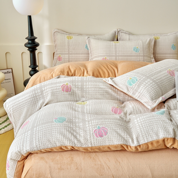 91家纺网 家纺一手货源 找家纺 贝诗梦 2025新款高克重230克5D雕花牛奶绒四件套 生活橙