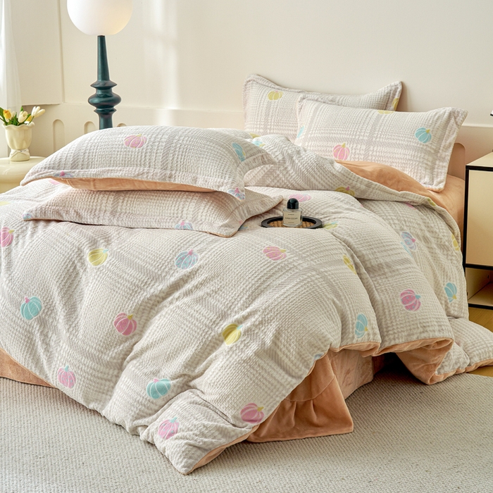 91家纺网 家纺一手货源 找家纺 贝诗梦 2025新款高克重230克5D雕花牛奶绒四件套 生活橙