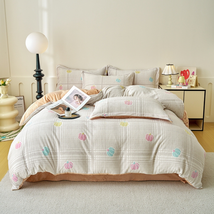 91家纺网 家纺一手货源 找家纺 贝诗梦 2025新款高克重230克5D雕花牛奶绒四件套 生活橙