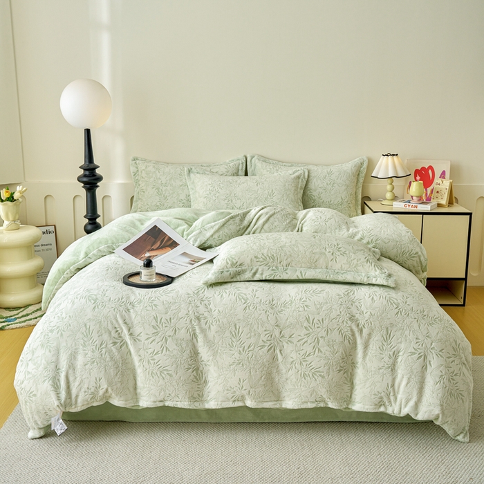 91家纺网 家纺一手货源 找家纺 贝诗梦 2025新款高克重230克5D雕花牛奶绒四件套 柳叶青