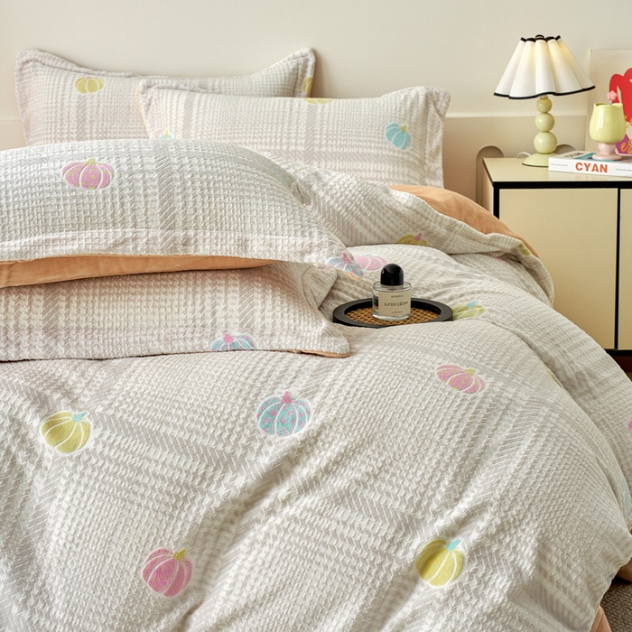 91家纺网 家纺一手货源 找家纺 贝诗梦 2025新款高克重230克5D雕花牛奶绒四件套 生活橙