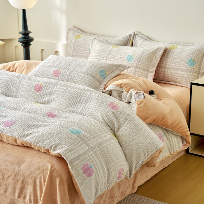 91家纺网 家纺一手货源 找家纺 贝诗梦 2025新款高克重230克5D雕花牛奶绒四件套 生活橙