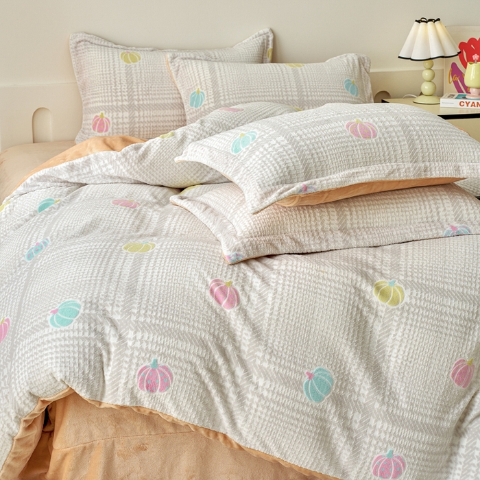 91家纺网 家纺一手货源 找家纺 贝诗梦 2025新款高克重230克5D雕花牛奶绒四件套 生活橙