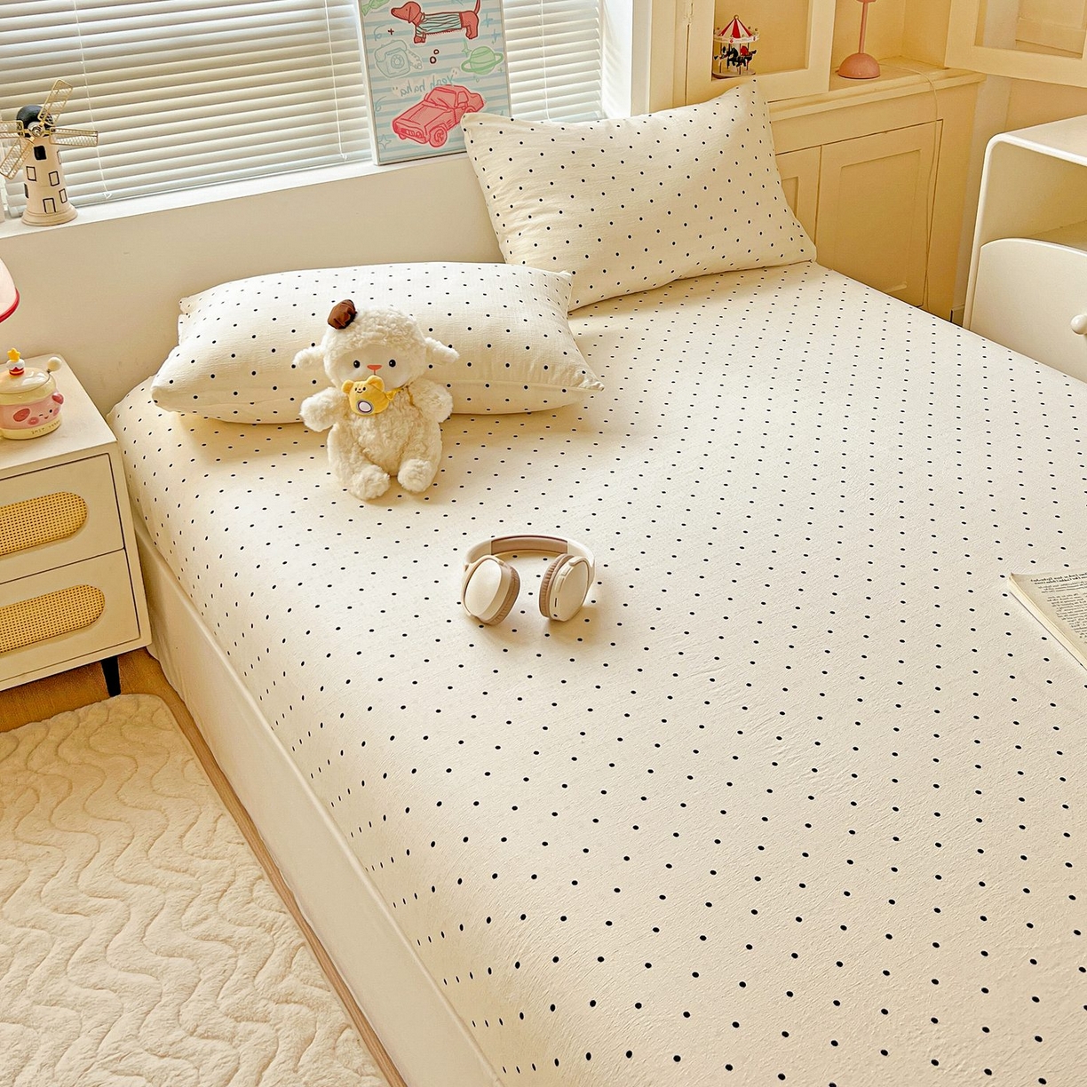 91家纺网 家纺一手货源 找家纺 Mata蔓塔家 2025新款双层纱印花系列单床笠床笠单件 米波点