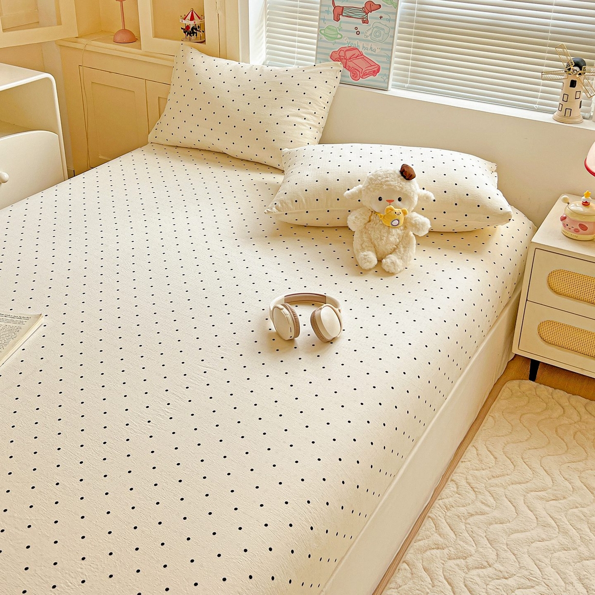 91家纺网 家纺一手货源 找家纺 Mata蔓塔家 2025新款双层纱印花系列单床笠床笠单件 米波点