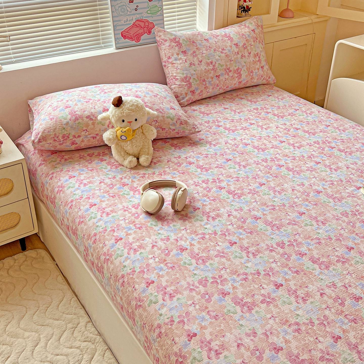 91家纺网 家纺一手货源 找家纺 Mata蔓塔家 2025新款双层纱印花系列单床笠床笠单件 十里桃花