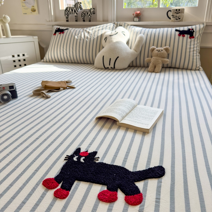 91家纺网 家纺一手货源 找家纺 席世家 2025新款纯棉全棉水洗棉单件床笠单品床笠 水洗棉-小黑猫