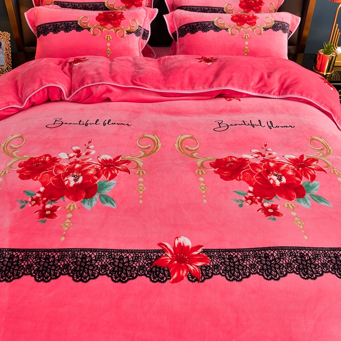 91家纺网 家纺一手货源 找家纺 晚静 2025新款7斤牛奶绒四件套金貂法莱绒床裙款保暖绒三件套  爱恋粉