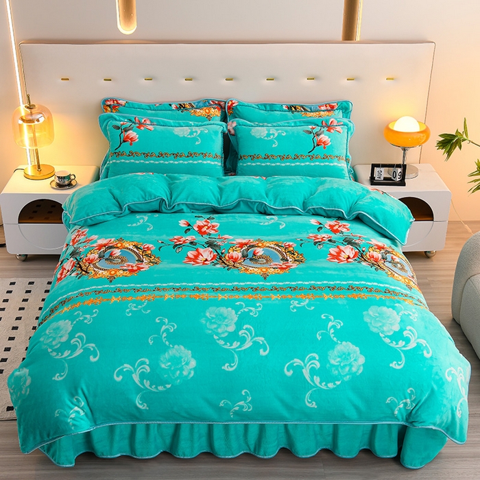 91家纺网 家纺一手货源 找家纺 晚静 2025新款7斤牛奶绒四件套金貂法莱绒床裙款保暖绒三件套  花晨月夕