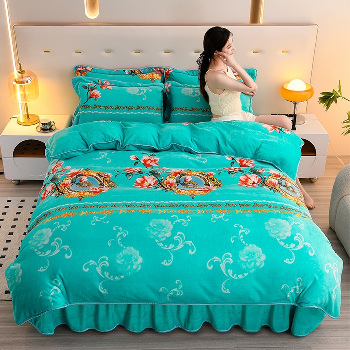 91家纺网 家纺一手货源 找家纺 晚静 2025新款7斤牛奶绒四件套金貂法莱绒床裙款保暖绒三件套  花晨月夕