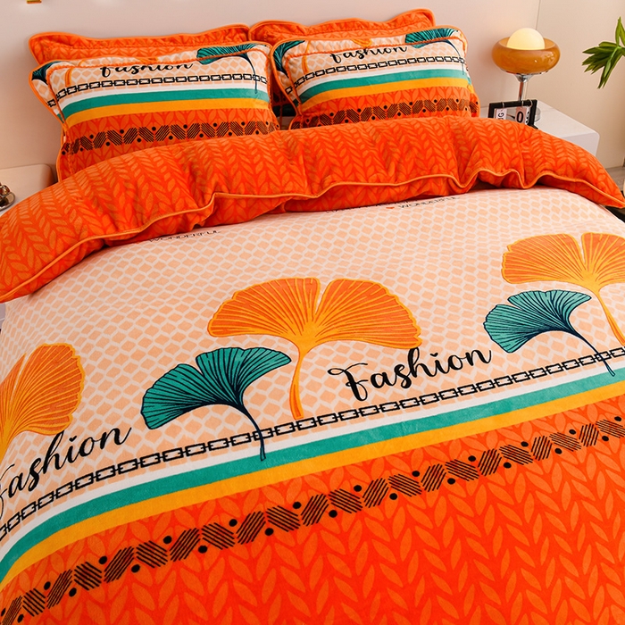 91家纺网 家纺一手货源 找家纺 晚静 2025新款7斤牛奶绒四件套金貂法莱绒床裙款保暖绒三件套  银杏叶