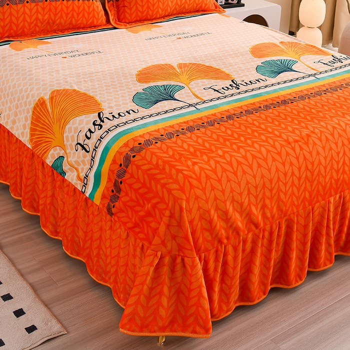 91家纺网 家纺一手货源 找家纺 晚静 2025新款7斤牛奶绒四件套金貂法莱绒床裙款保暖绒三件套  银杏叶