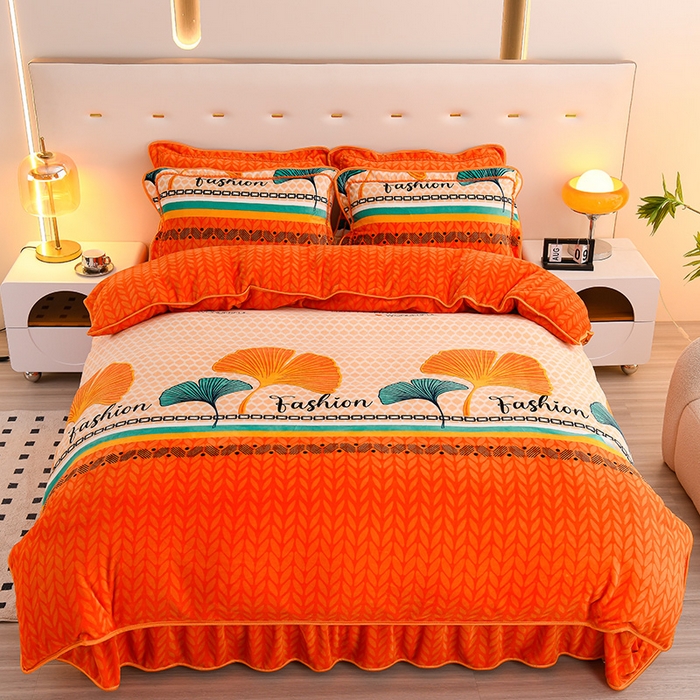 91家纺网 家纺一手货源 找家纺 晚静 2025新款7斤牛奶绒四件套金貂法莱绒床裙款保暖绒三件套  银杏叶