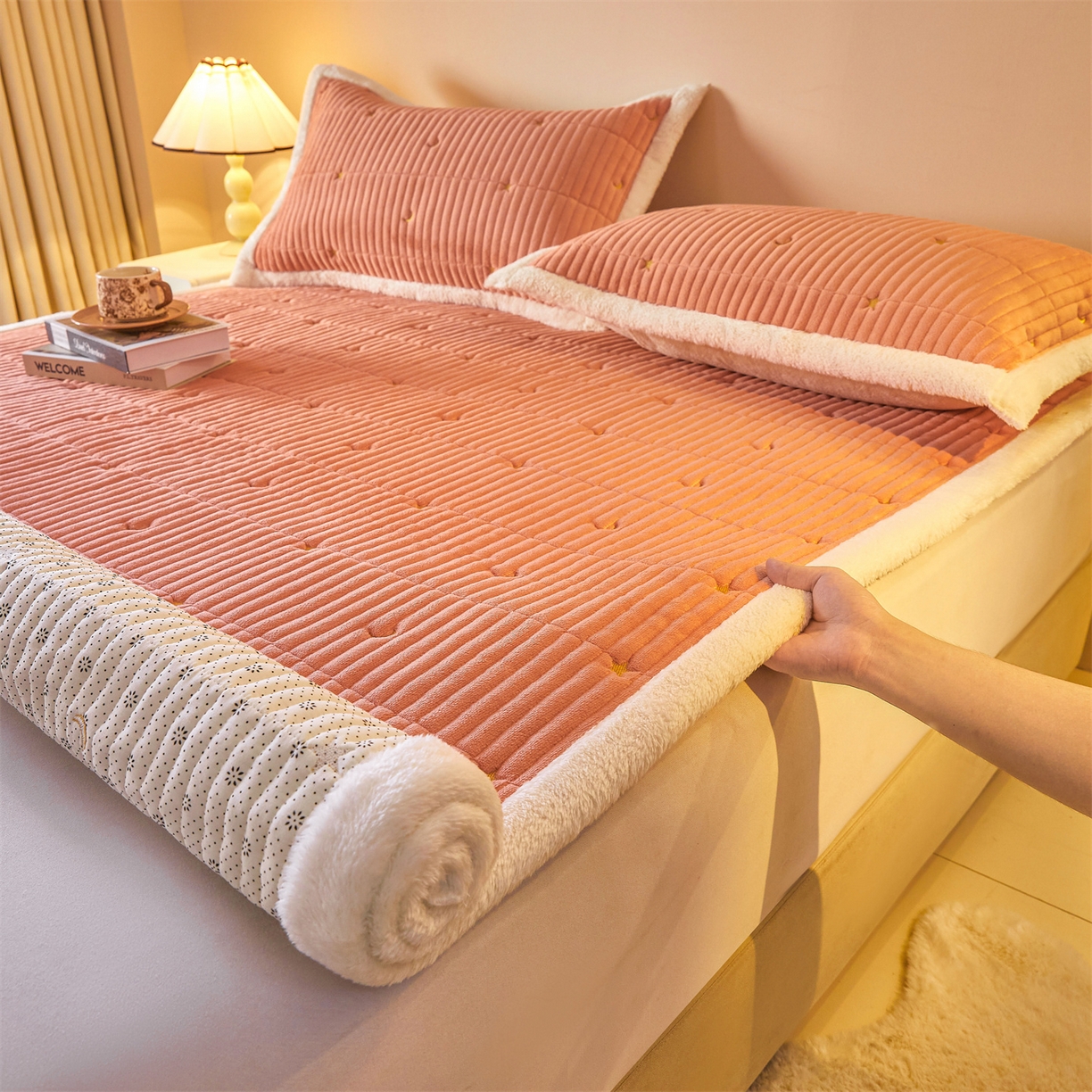 91家纺网 家纺一手货源 找家纺 （总）雯豆家纺 2025秋冬新款刺绣款夹棉床褥床垫床护垫绣花纯色垫子