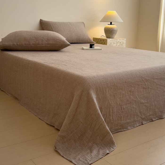 91家纺网 家纺一手货源 找家纺 席世家 2025新款皱皱纱单品床单单件床单 奶茶棕