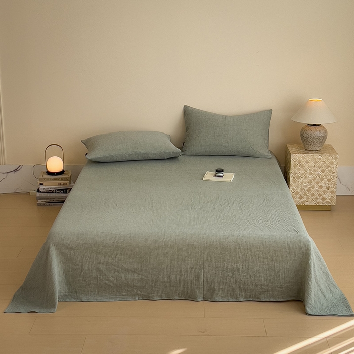 91家纺网 家纺一手货源 找家纺 席世家 2025新款皱皱纱单品床单单件床单 森林绿