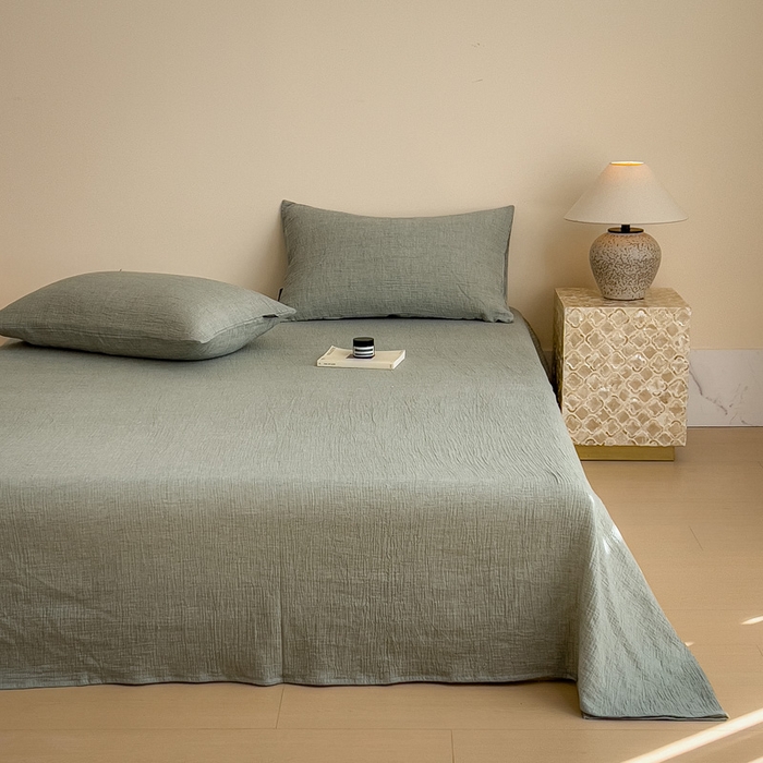 91家纺网 家纺一手货源 找家纺 席世家 2025新款皱皱纱单品床单单件床单 森林绿