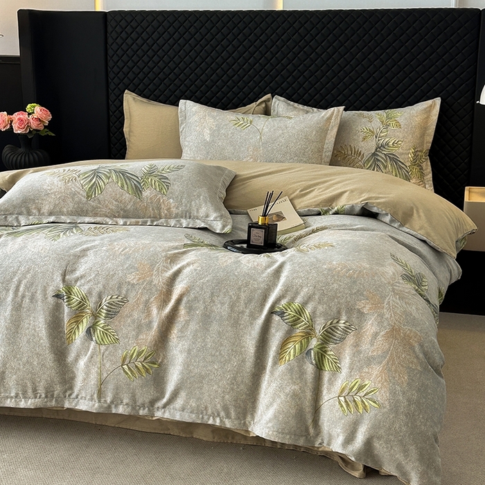 91家纺网 家纺一手货源 找家纺 棉生活家纺 2025新款铂金全棉纯棉磨毛四件套 叶罗丽-绿