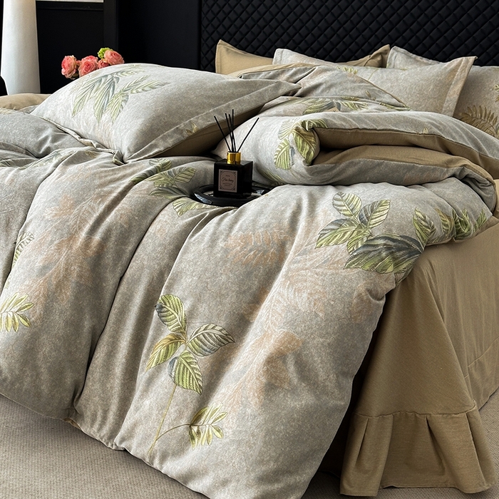 91家纺网 家纺一手货源 找家纺 棉生活家纺 2025新款铂金全棉纯棉磨毛四件套 叶罗丽-绿