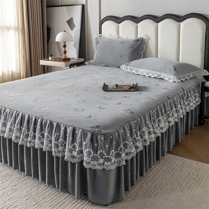 91家纺网 家纺一手货源 找家纺 手艺人家纺 2025新款雪尼尔床裙床笠 X01-灰