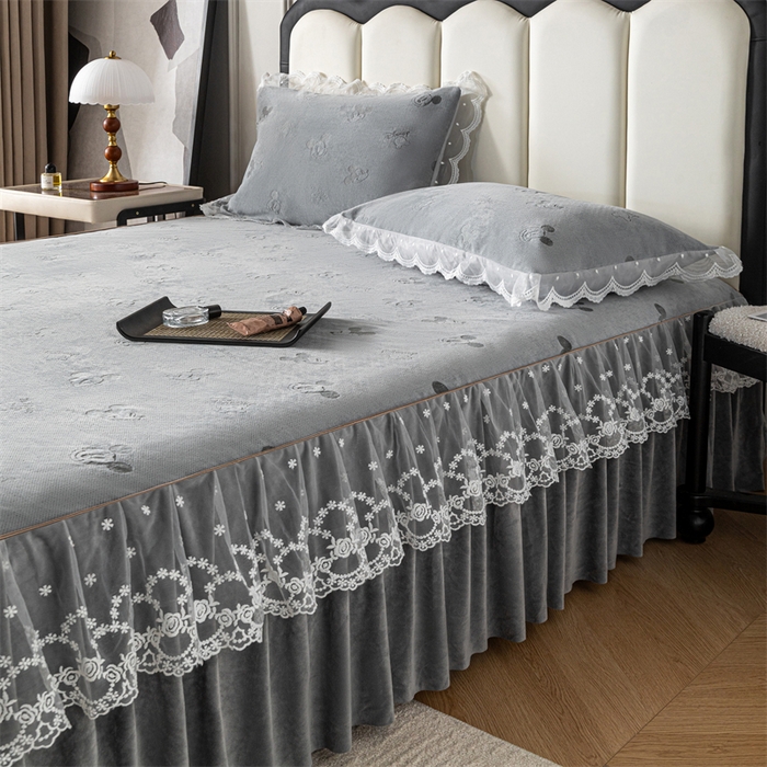 91家纺网 家纺一手货源 找家纺 手艺人家纺 2025新款雪尼尔床裙床笠 X01-灰