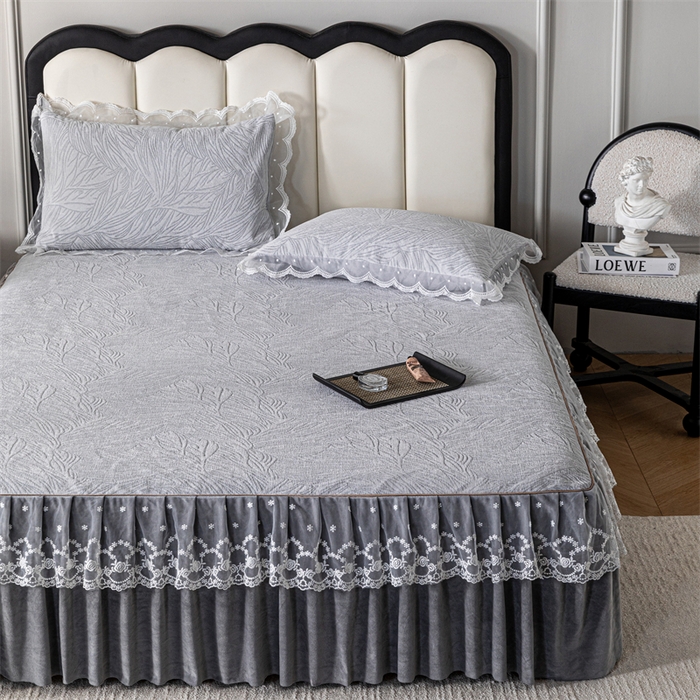 91家纺网 家纺一手货源 找家纺 手艺人家纺 2025新款雪尼尔床裙床笠 X03-灰