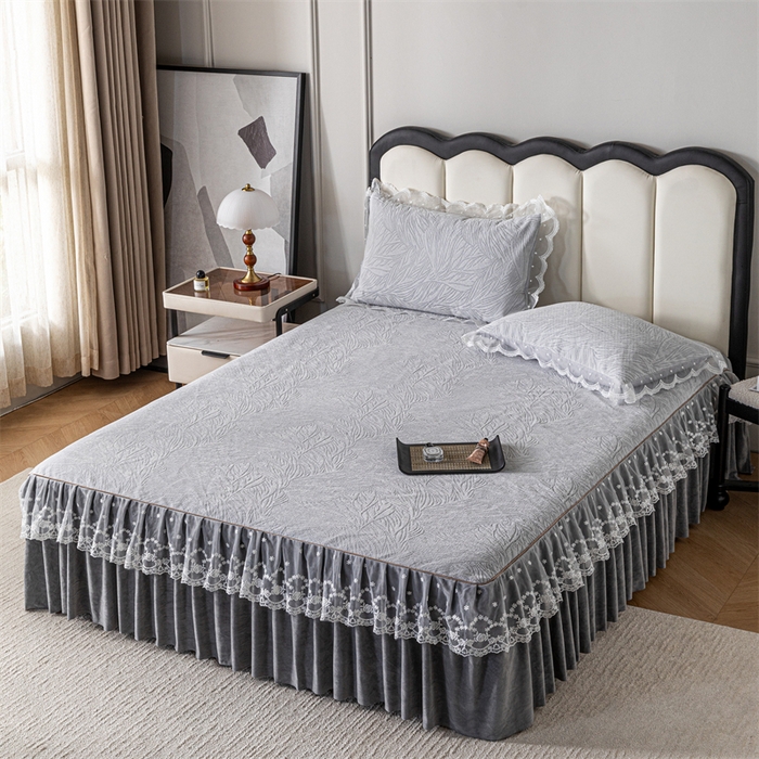 91家纺网 家纺一手货源 找家纺 手艺人家纺 2025新款雪尼尔床裙床笠 X03-灰