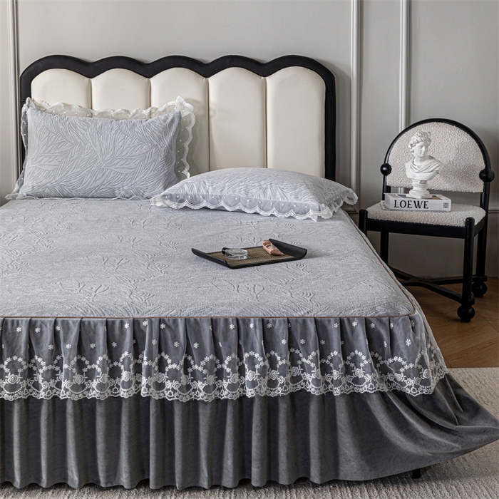 91家纺网 家纺一手货源 找家纺 手艺人家纺 2025新款雪尼尔床裙床笠 X03-灰