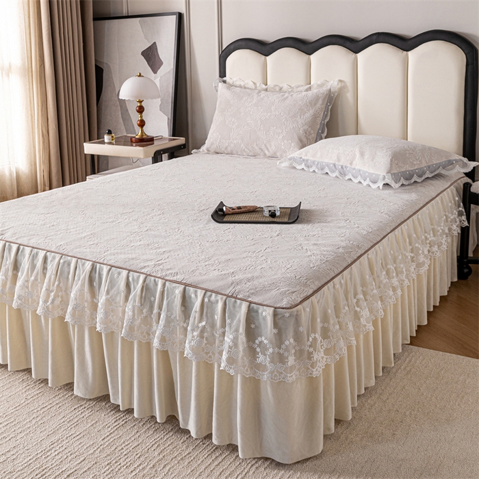 91家纺网 家纺一手货源 找家纺 手艺人家纺 2025新款雪尼尔床裙床笠 X02-米