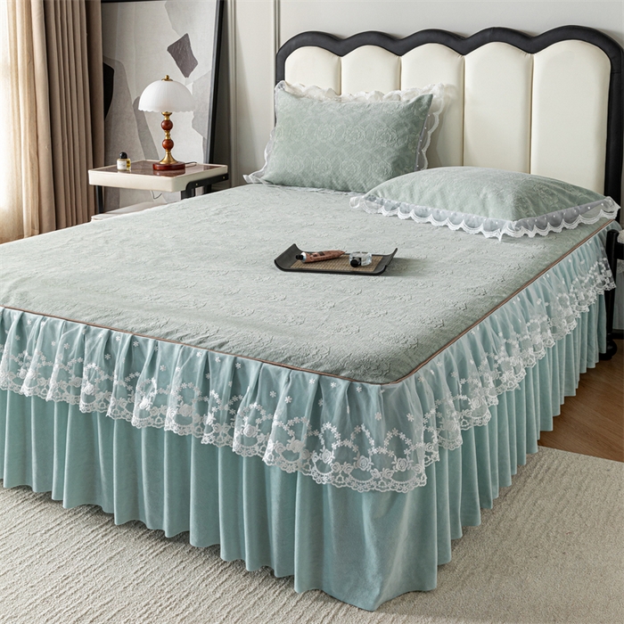 91家纺网 家纺一手货源 找家纺 手艺人家纺 2025新款雪尼尔床裙床笠 X05-绿