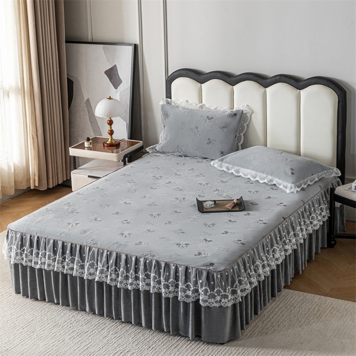 91家纺网 家纺一手货源 找家纺 手艺人家纺 2025新款雪尼尔床裙床笠 X01-灰