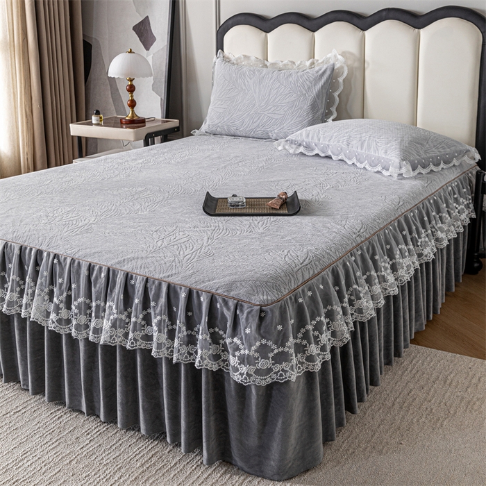 91家纺网 家纺一手货源 找家纺 手艺人家纺 2025新款雪尼尔床裙床笠 X03-灰