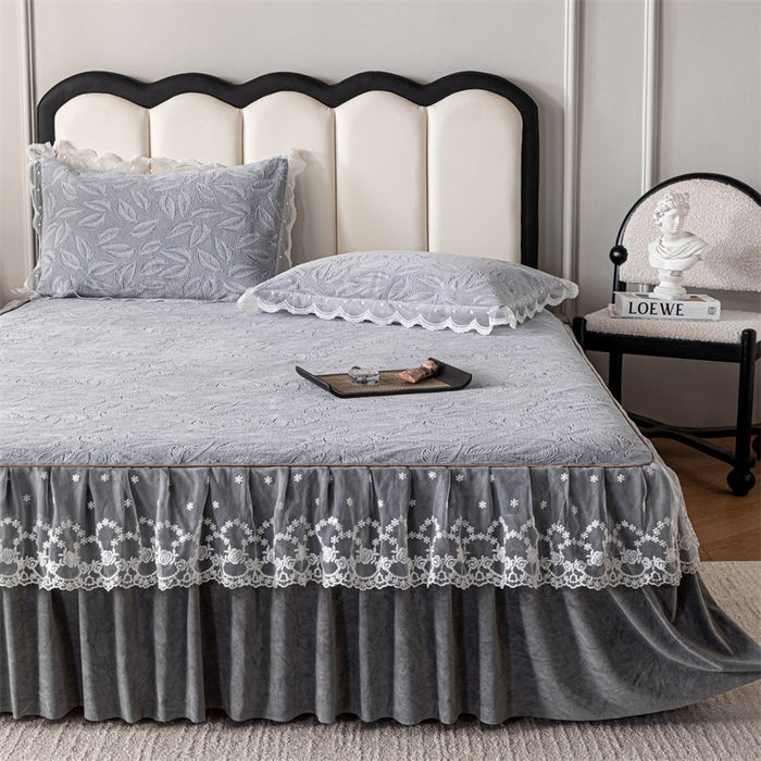 91家纺网 家纺一手货源 找家纺 手艺人家纺 2025新款雪尼尔床裙床笠 X06-灰