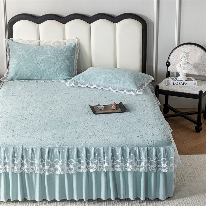 91家纺网 家纺一手货源 找家纺 手艺人家纺 2025新款雪尼尔床裙床笠 X02-绿