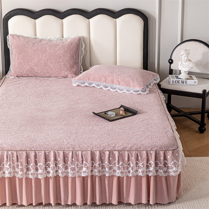 91家纺网 家纺一手货源 找家纺 手艺人家纺 2025新款雪尼尔床裙床笠 X02-粉