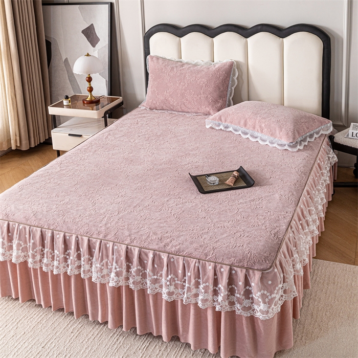 91家纺网 家纺一手货源 找家纺 手艺人家纺 2025新款雪尼尔床裙床笠 X02-粉