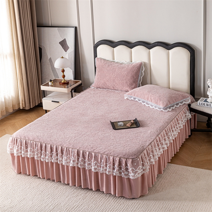 91家纺网 家纺一手货源 找家纺 手艺人家纺 2025新款雪尼尔床裙床笠 X02-粉