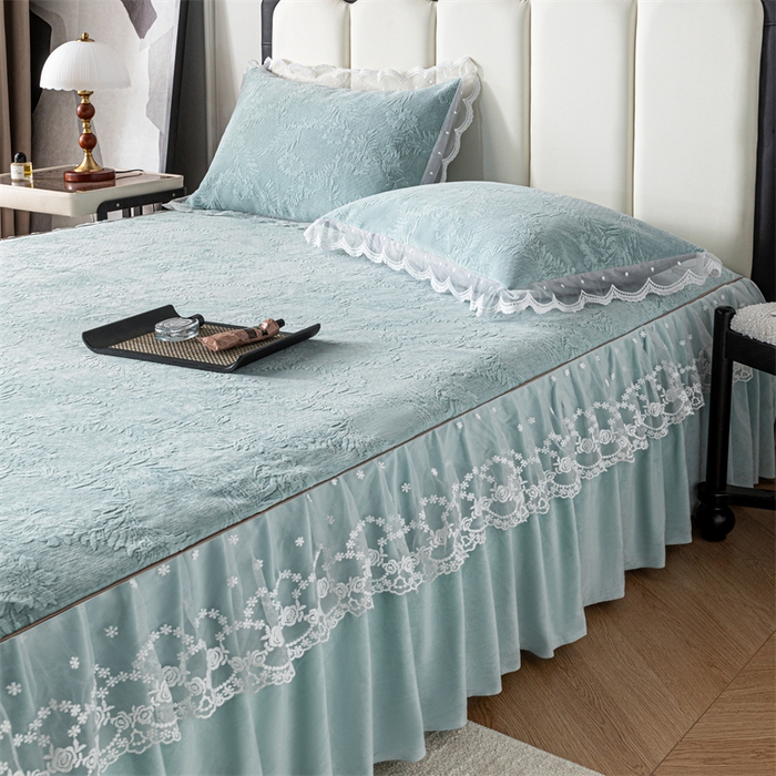 91家纺网 家纺一手货源 找家纺 手艺人家纺 2025新款雪尼尔床裙床笠 X02-绿