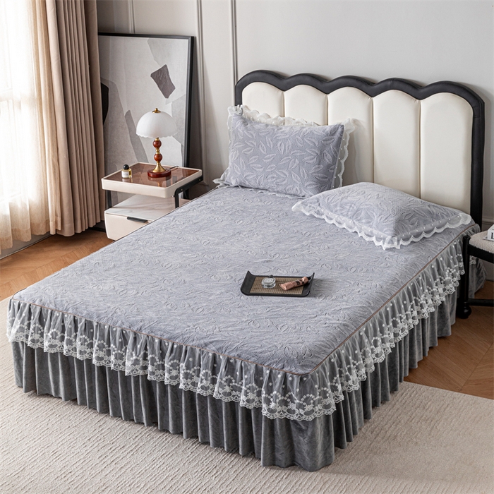 91家纺网 家纺一手货源 找家纺 手艺人家纺 2025新款雪尼尔床裙床笠 X06-灰